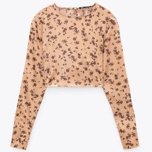Zara crop round neck satin printed blouse sleeve